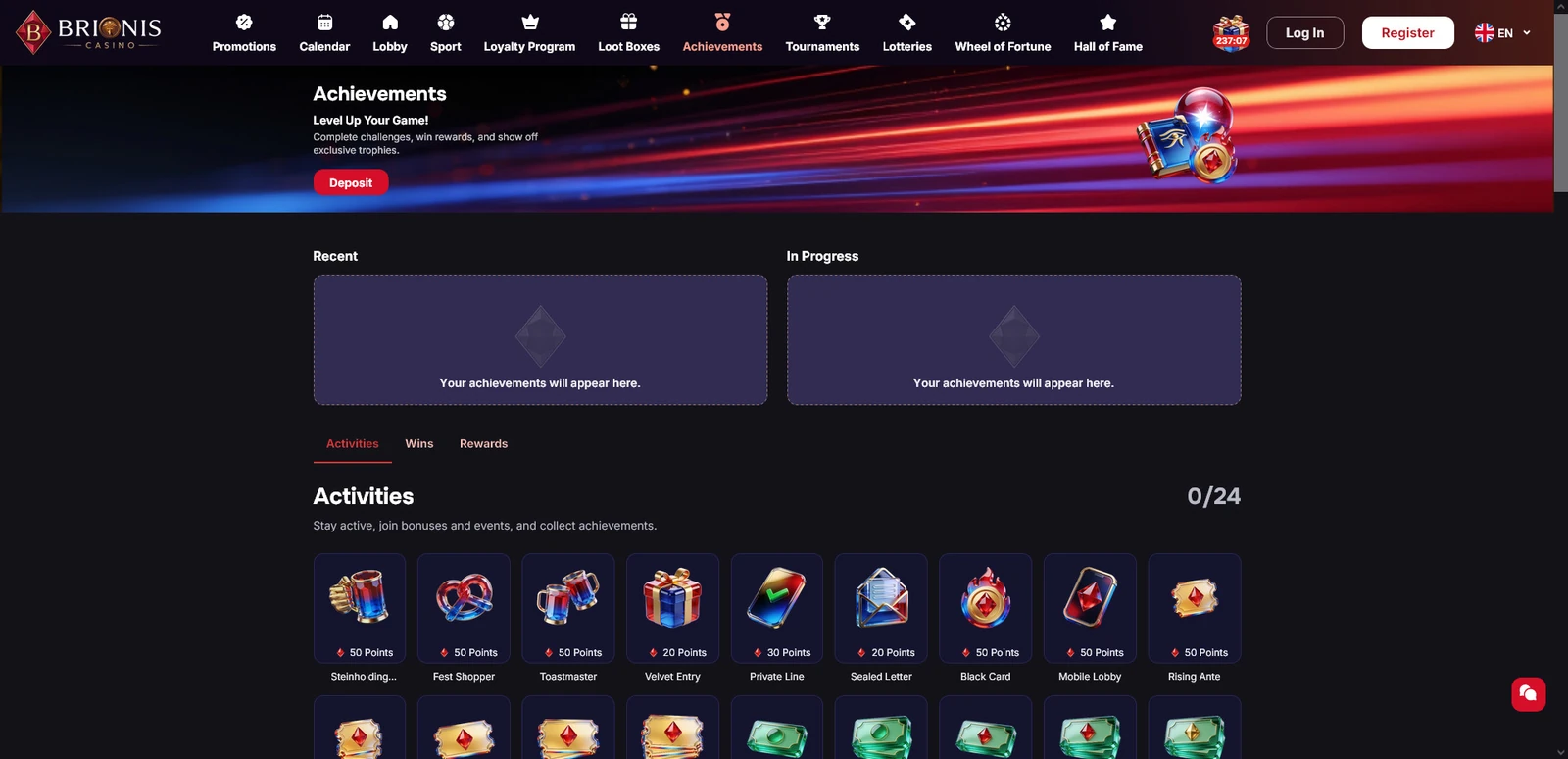 Achievements reward — Brionis Casino